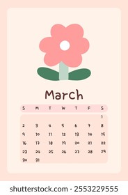 Página do calendário para março de 2025, a semana começa no domingo. Design bonito com uma flor em cores pastel. Perfeito para crianças quarto, casa ou escritório decoração. Programação de planejamento, organização.