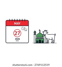 A calendar page marking May 27, 2026, in India, with a mosque and goat illustration