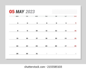 Calendar page for May 2023. Monthly planner. Stationery design. Week starts on Monday. Vector illustration