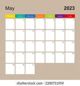 Calendar page for May 2023, wall planner with colorful design. Week starts on Monday. Vector calendar template.