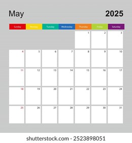 Calendar page for May 2025, wall planner with colorful design. Week starts on Sunday. Vector calendar template.