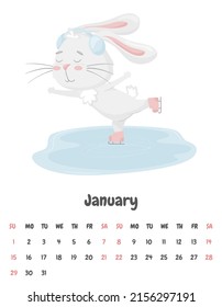 Calendar page for the month of January 2023 with a cute rabbit skating on an ice rink wearing headphones. Adorable animal, a character in pastel colors. Vector illustration on a white background.