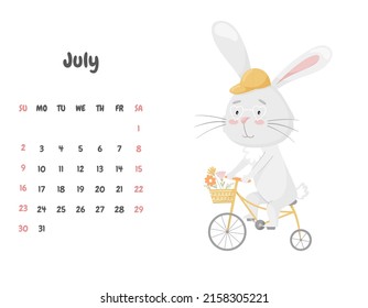 Calendar page for the month of July 2023 with a cute smiling rabbit riding a bicycle with a basket of flowers. Adorable animal, a character in pastel colors. Vector illustration on a white background.