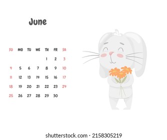 Calendar page for the month of June 2023 with a cute smiling rabbit holding a bouquet of spring flowers. Adorable animal, a character in pastel colors.Children's calendar. Vector illustration on white