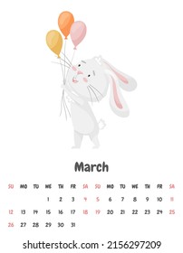 The calendar page for the month of March 2023 with a cute smiling rabbit holding festive balloons in its paws. Adorable animal, a character in pastel colors. Vector illustration on a white background