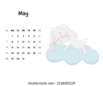 Calendar page for the month of May 2023 with a cute smiling rabbit sleeping on a cloud. Adorable animal, a character in pastel colors. Children's calendar. Vector illustration on a white background.