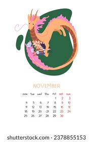 Calendar page for month October with Chinese dragon and autumn bouquet of leaves. New year 2024 symbol with printable planner. Calendar vector illustration design in flat style. Golden Dragon fly