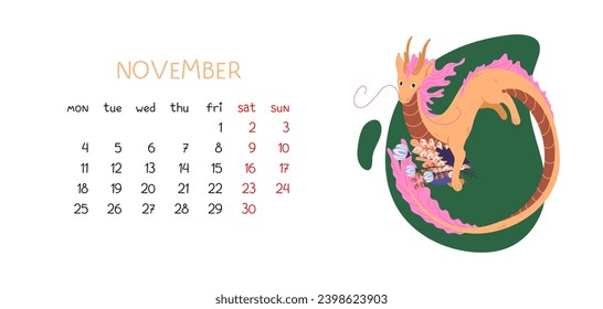 Calendario del mes de octubre con dragón chino y ramo de hojas del otoño. Símbolo del año nuevo 2024 con planificador imprimible. Diseño de ilustración horizontal vectorial en estilo plano. Vuelo de Dragon Dorado