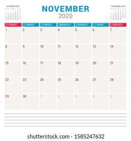 Calendar page for November 2020. Week starts on Sunday. Printable vector stationery design template