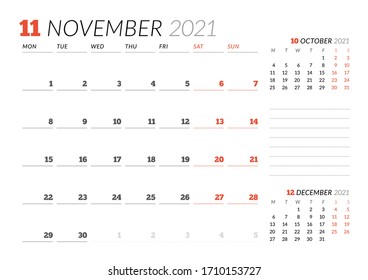 Calendar page for November 2021. Monthly planner. Stationery design. Week starts on Monday. Vector illustration