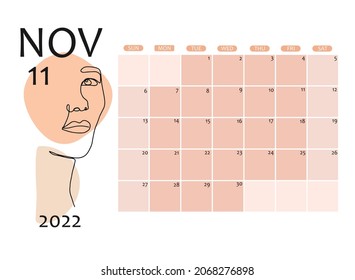 Calendar page for November 2022 decorated with abstract woman's face. Good for planners, prints, wallpaper, cards, organizers, etc. EPS 10