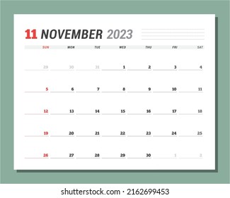 Calendar page for November 2023. Monthly planner. Stationery design. Week starts on Sunday. Vector illustration