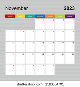 Calendario para noviembre de 2023, planificador de paredes con un diseño colorido. La semana comienza el domingo. Plantilla de calendario de vectores.