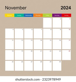 Calendario para noviembre de 2024, planificador de paredes con un diseño colorido. La semana comienza el lunes. Plantilla de calendario de vectores.