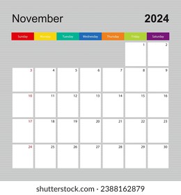 Calendario para noviembre de 2024, planificador de paredes con un diseño colorido. La semana comienza el domingo. Plantilla de calendario de vectores.