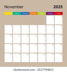 Página del calendario para noviembre de 2025, planificador de paredes con diseño colorido. La semana comienza el lunes. Plantilla de calendario de Vector.