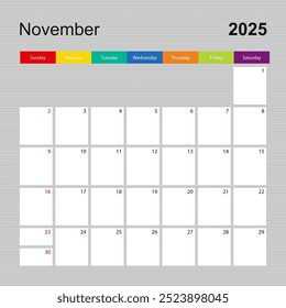 Página del calendario para noviembre de 2025, planificador de paredes con diseño colorido. La semana comienza el domingo. Plantilla de calendario de Vector.