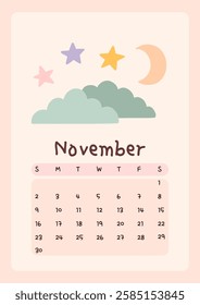 Calendar page for November 2025, week starts on Sunday. Cute design with clouds, stars and the moon in pastel colors. Perfect for kids nursery, home or office decor. Schedule for planning,organization