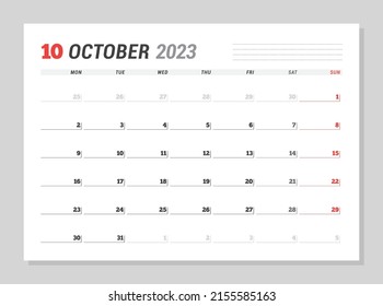 Calendar page for October 2023. Monthly planner. Stationery design. Week starts on Monday. Vector illustration
