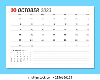 Calendar page for October 2023. Monthly planner. Stationery design. Week starts on Monday. Vector illustration