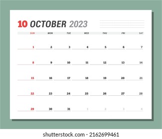 Calendar page for October 2023. Monthly planner. Stationery design. Week starts on Sunday. Vector illustration