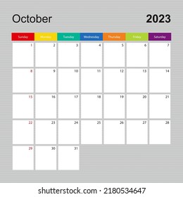 Calendar page for October 2023, wall planner with colorful design. Week starts on Sunday. Vector calendar template.