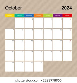 Calendar page for October 2024, wall planner with colorful design. Week starts on Monday. Vector calendar template.