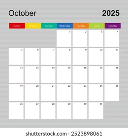 Calendar page for October 2025, wall planner with colorful design. Week starts on Sunday. Vector calendar template.