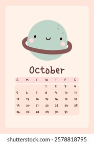 Calendar page for October 2025, week starts on Sunday. Cute design with a planet in pastel colors. Perfect for kids nursery, home or office decor. Schedule for planning, organization.