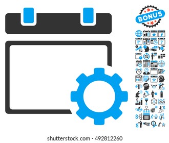 Calendar Page Options Gear icon with bonus calendar and time management icon set. Vector illustration style is flat iconic bicolor symbols, blue and gray colors, white background.