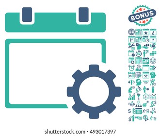 Calendar Page Options Gear icon with bonus calendar and time management pictures. Vector illustration style is flat iconic bicolor symbols, cobalt and cyan colors, white background.
