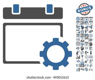 Calendar Page Options Gear pictograph with bonus calendar and time management pictures. Vector illustration style is flat iconic bicolor symbols, cobalt and gray colors, white background.