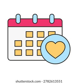 A calendar page with a pink header and date squares is paired with a blue circle containing a yellow heart. The composition highlights scheduling and affection symbols on a light background.
