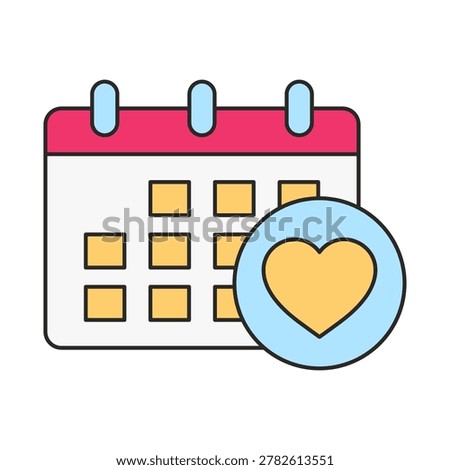 A calendar page with a pink header and date squares is paired with a blue circle containing a yellow heart. The composition highlights scheduling and affection symbols on a light background.
