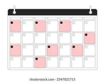 Página de calendário com eventos planejados de objeto de linha 2D preto e branco. Salvando datas para empresa estratégia de gerenciamento de tempo isolado clip art vetor item de outline. Ilustração de ponto monocromático