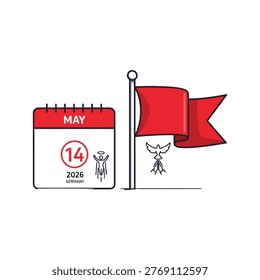 A calendar page with a red flag and a dove symbol on a white background