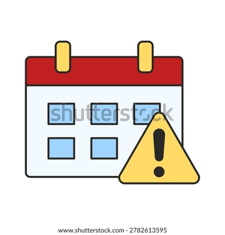 A calendar page with a red header and blue date squares is shown beside a yellow warning triangle with an exclamation mark. The image highlights an alert related to a specific date.
