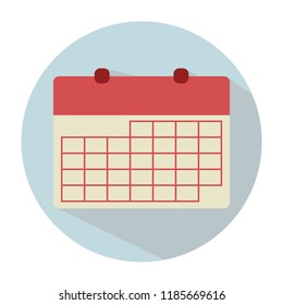 A calendar page with a red heading and a days table. Flat style. White round frame, shadow.