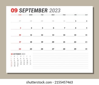 Calendar page for September 2023. Monthly planner. Stationery design. Week starts on Sunday. Vector illustration