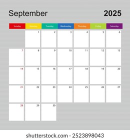 Calendar page for September 2025, wall planner with colorful design. Week starts on Sunday. Vector calendar template.