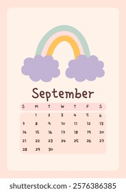 Calendar page for September 2025, week starts on Sunday. Cute design with a rainbow in pastel colors. Perfect for kids nursery, home or office decor. Schedule for planning, organization.