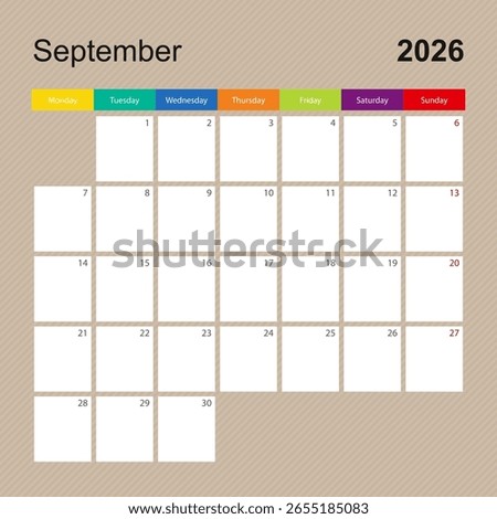 Calendar page for September 2026, wall planner with colorful design. Week starts on Monday. Vector calendar template.