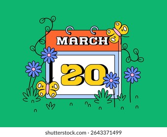Calendar page showing "March 20", surrounded by blooming purple flowers, green grass, and flying yellow butterflies  represents the first day of spring in cartoon illustration vector