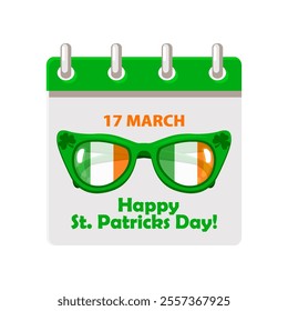 Calendar page for St.Patricks Day with Irish sunglasses for your postcard, sticker, design, print or invitation