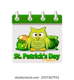 Calendar page for St.Patricks Day with own, bag and pot of potion for your postcard, sticker, design, print or invitation