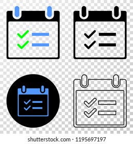 Calendar page tasks EPS vector icon with contour, black and colored versions. Illustration style is flat iconic symbol on chess transparent background.