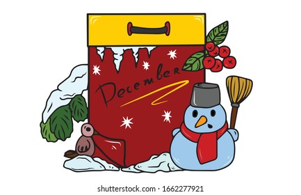 Calendar page tear-off, December, snowman with a broom tree branch in the snow, branch, Rowan and bird.Vector design of templates for banners, postcards . Holiday.Business and Finance