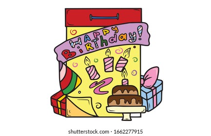 
Calendar page tear-off, HAPPY BIRTHDAY, birthday cake with candles and gifts.Vector design of templates for banners, postcards . Holiday.Business and Finance