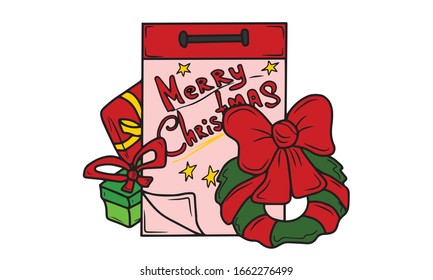 Calendar page tear-off, New year, The calendar page is detachable, Christmas.A WREATH TIED WITH A RED RIBBON WITH A BOW AND PACKED GIFTS.Vector design of templates for banners, postcards . 