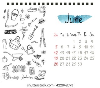 Calendar page template with hand drawn gardening doodles. EPS 10.
